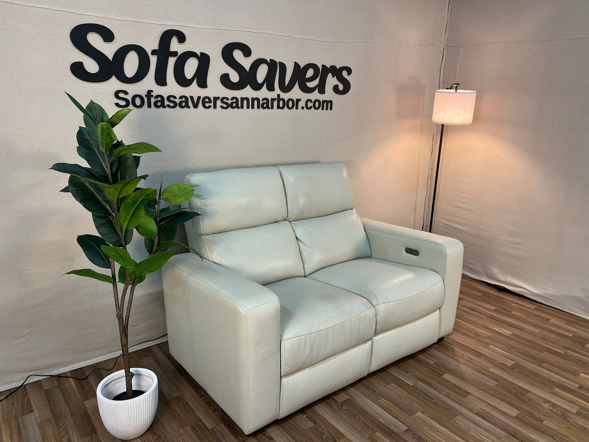 White Costco Kramer Leather Power Reclining Loveseat
