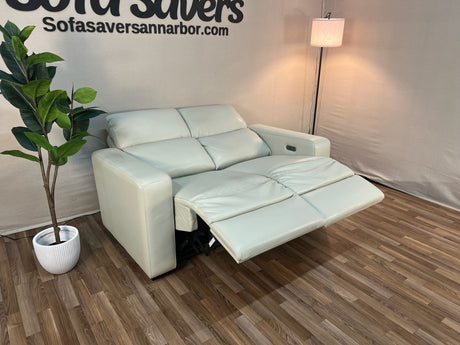 White Costco Kramer Leather Power Reclining Loveseat